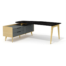 Rem-200.1L + Rem-33L Стол руководителя эргономичный с опорной тумбой Remo мрамор черный / графит